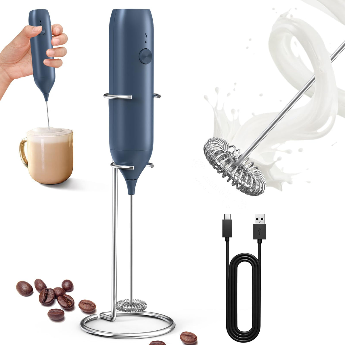 CIRCLE JOY batidora leche recargable a mano con soporte para almacenamiento práctico.