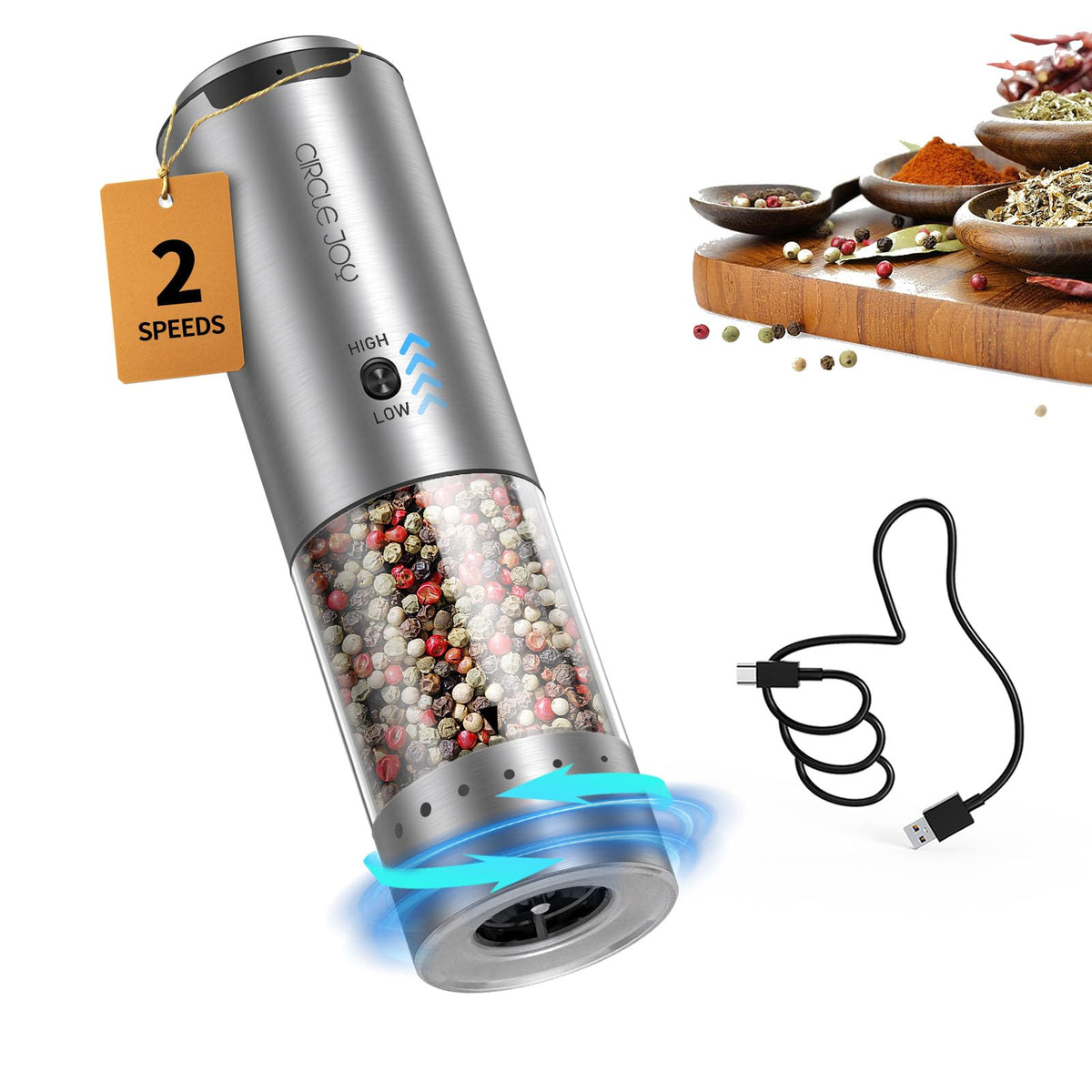 Circle Joy: molino eléctrico de pimienta en acero inoxidable para molido uniforme.