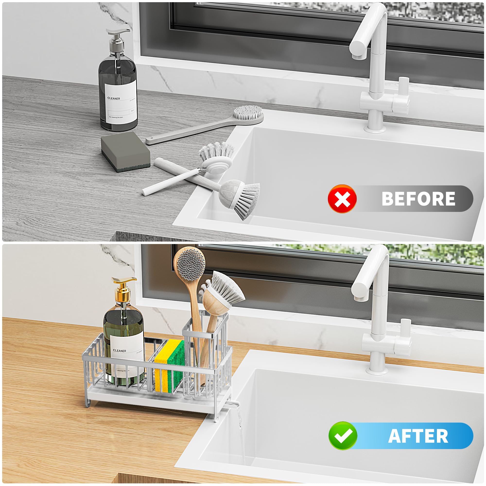 Cisily diseño ergonómico con divisores, organiza esponjas, cepillos y tapón.