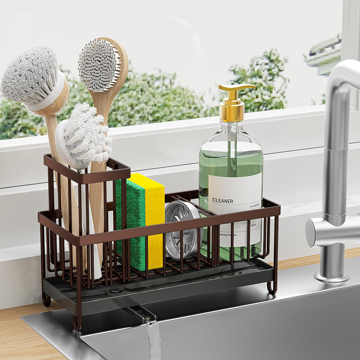 Cisily soporte de esponja de cocina con boquilla giratoria para drenaje directo al fregadero