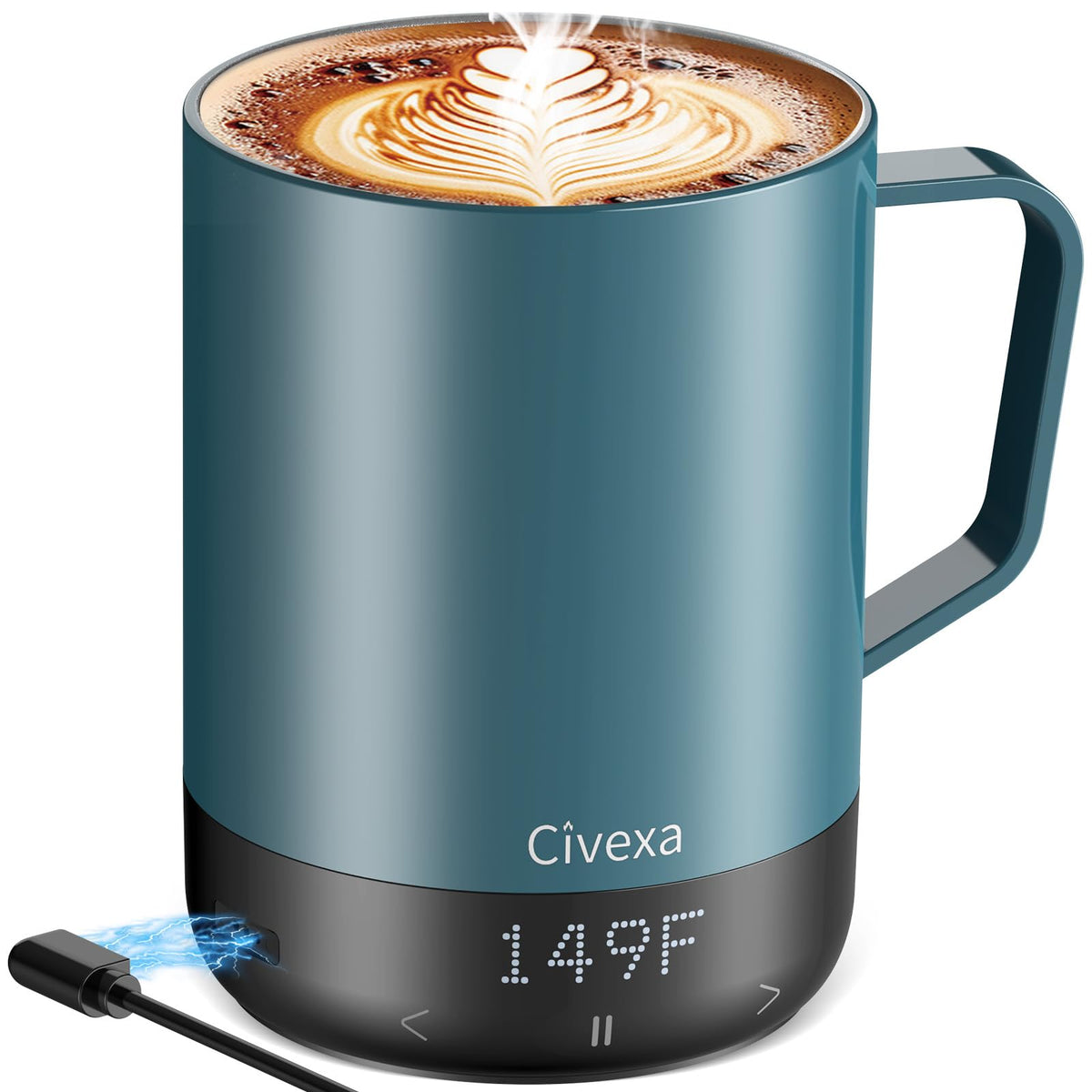 Taza Civexa caliente y magnética vista frontal con beneficio de mantenimiento de calor.