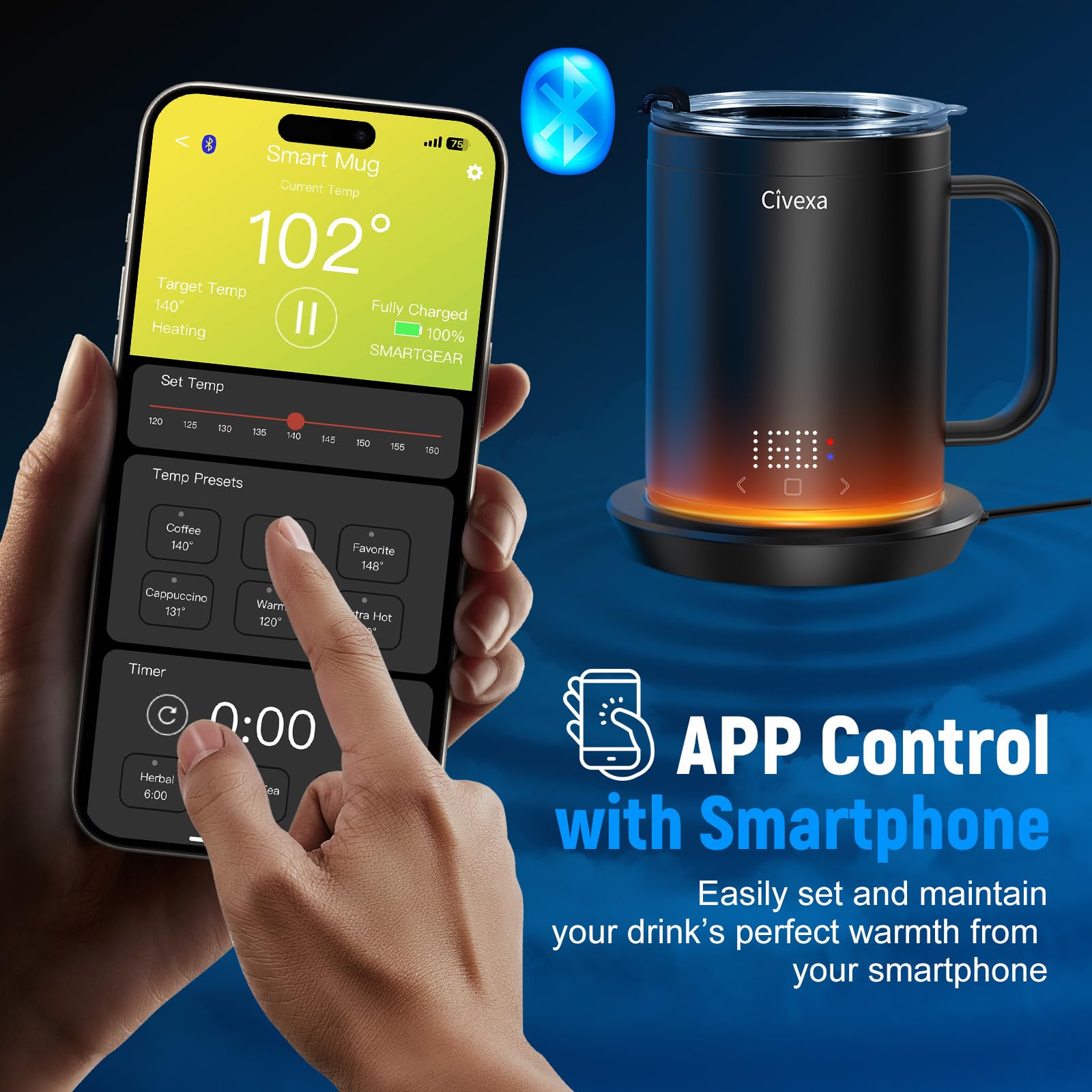 Taza Civexa con control de temperatura 120–160 °F para ajuste personalizado