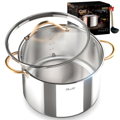 Olla stock 12 qt Ciwete con mango de cobre y tapa de vidrio para control de cocción.