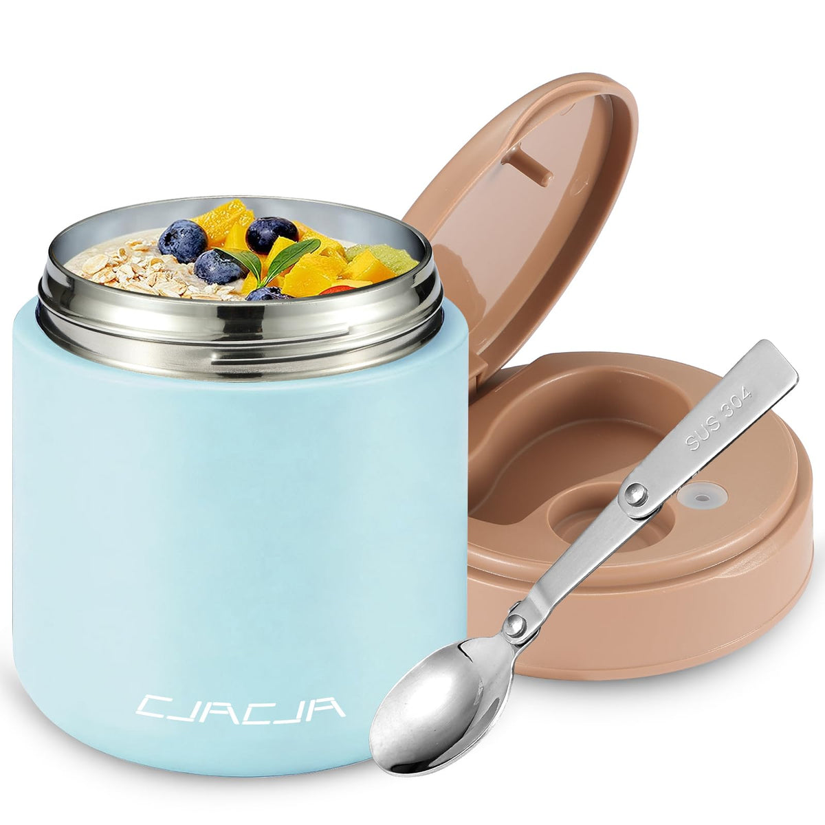 CJACJA termo para comida de niños en azul exterior, ideal para loncheras escolares.