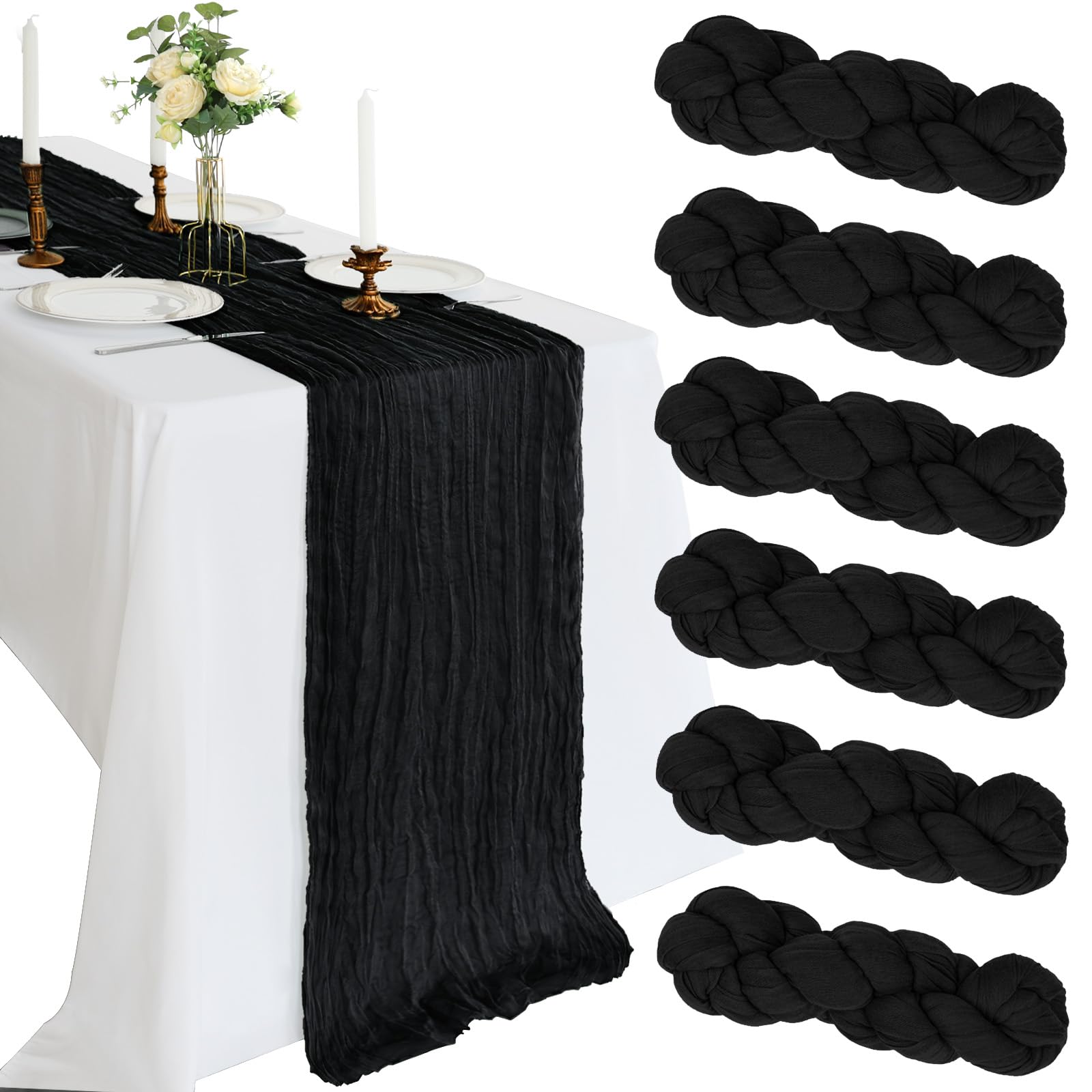 CKIKU camino de gasa negro para mesas, ideal para bodas y cenas elegantes.