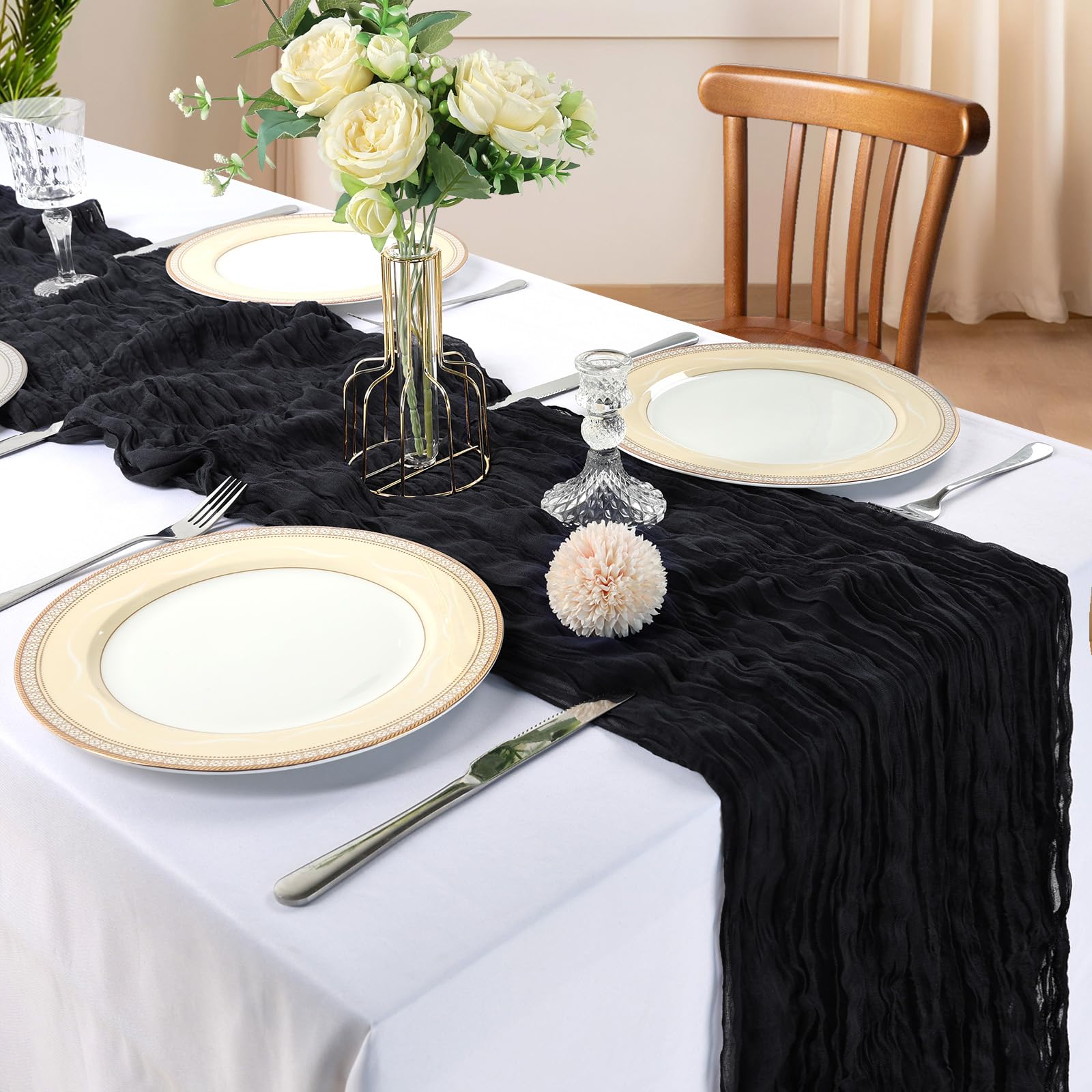 CKIKU camino de mesa gasa negro, añade textura bohemia a eventos.