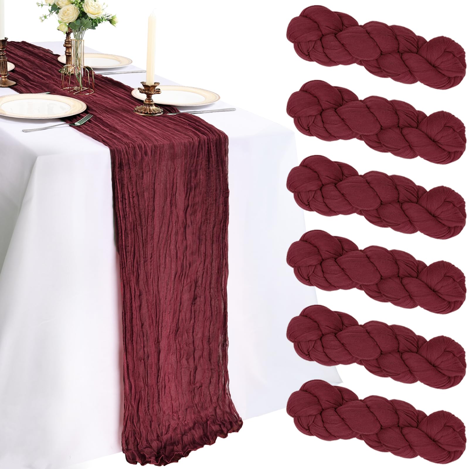 CKIKU: seis caminos de mesa de gasa burdeos para cenas elegantes.