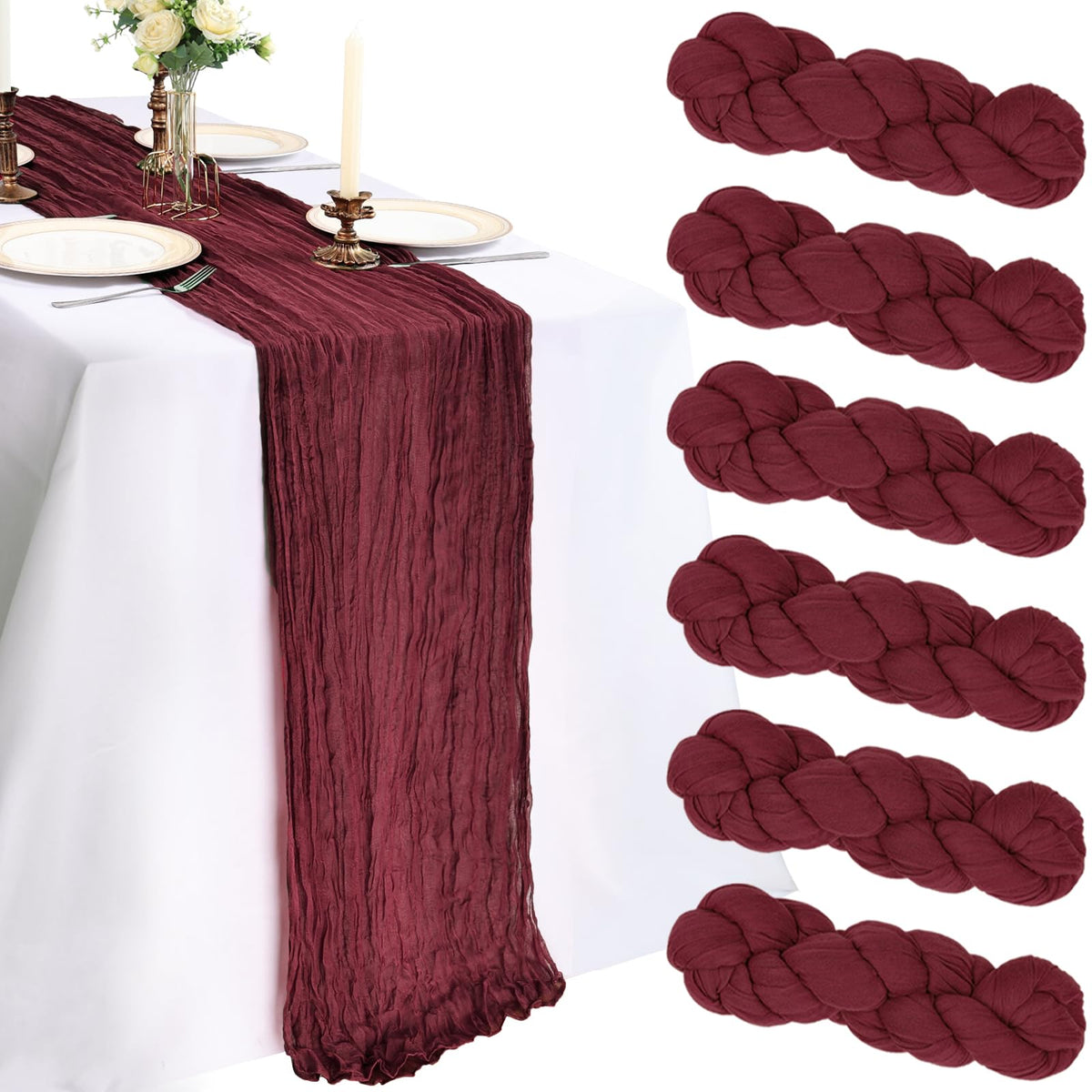 CKIKU: seis caminos de mesa de gasa burdeos para cenas elegantes.