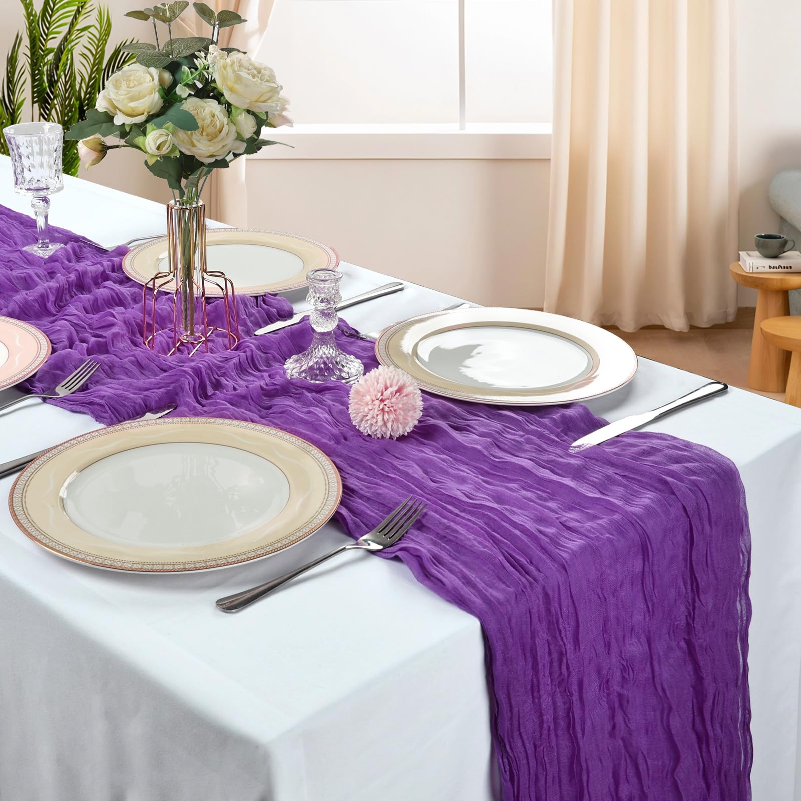CKIKU Textura de gasa morada boho aporta suavidad a la mesa