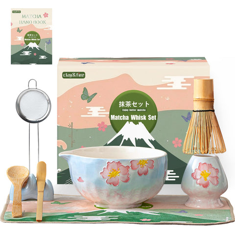 Clay&Fire tazón de matcha con textura hamada y cerezos, diseño elegante para ritual diario