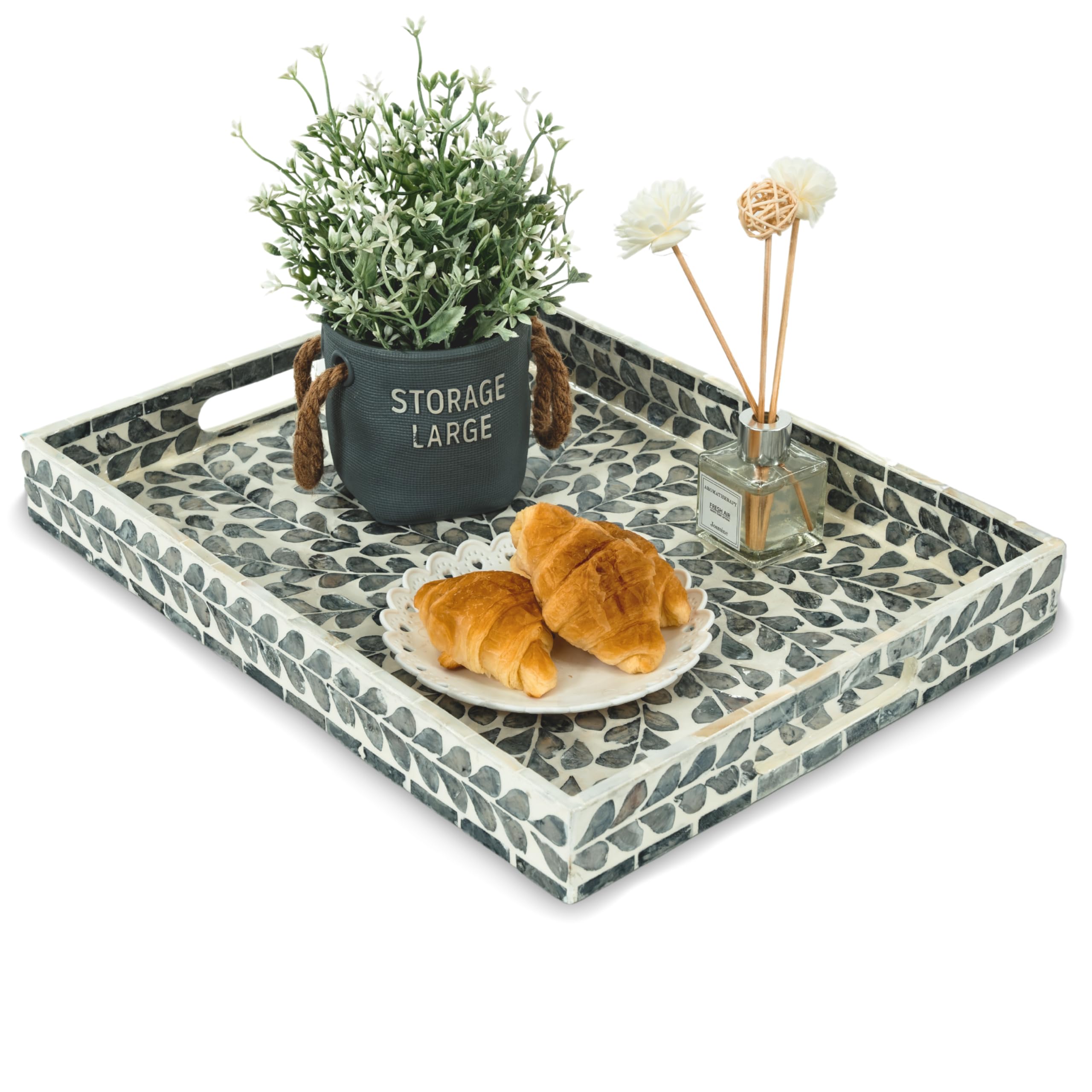 CLAYNIX bandeja negro con hojas de madreperla, centro elegante para la mesa.