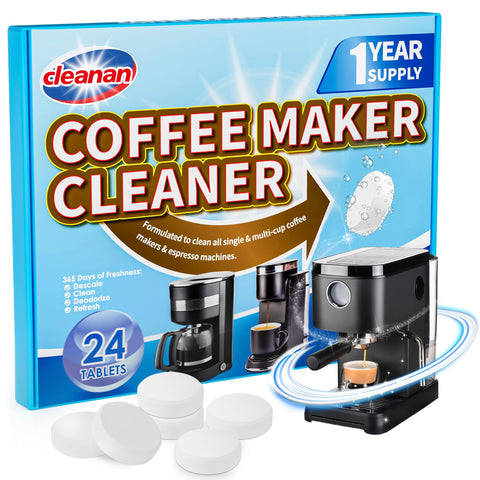 Cleanan muestra el paquete de 24 tabletas para limpieza de cafetera, pensando en una desincrustación eficiente.