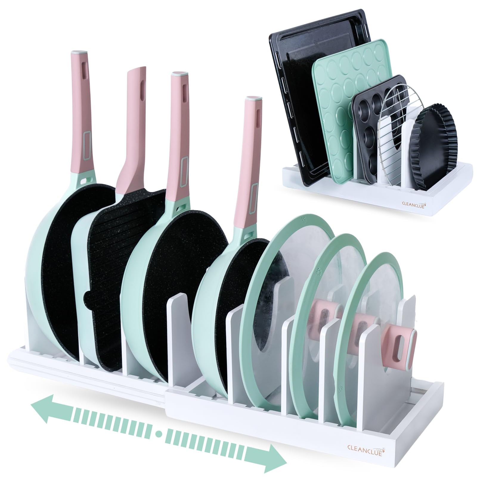 Organizador CLEANCLUE para ollas y sartenes bajo gabinete, ahorro de espacio en la cocina.
