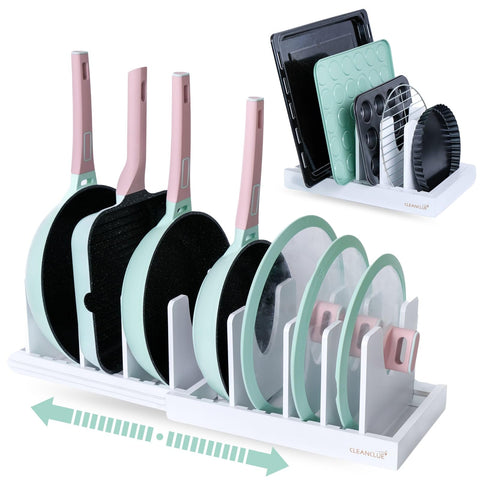 Organizador CLEANCLUE para ollas y sartenes bajo gabinete, ahorro de espacio en la cocina.