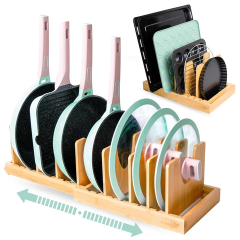 CLEANCLUE organizador para ollas y sartenes en bambú, bajo gabinte, expandible, práctico.