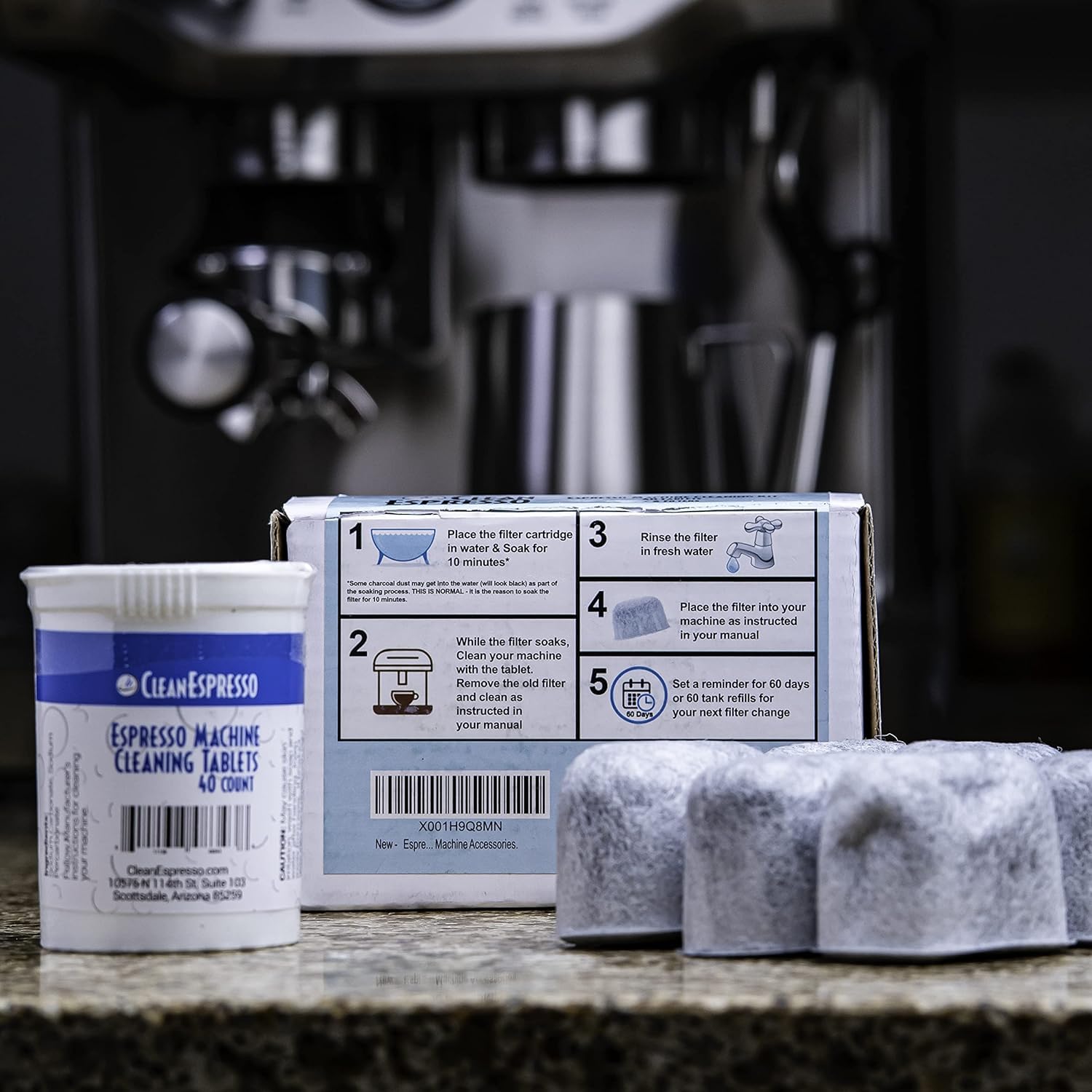 CleanEspresso filtros de repuesto en caja listos para cambiar