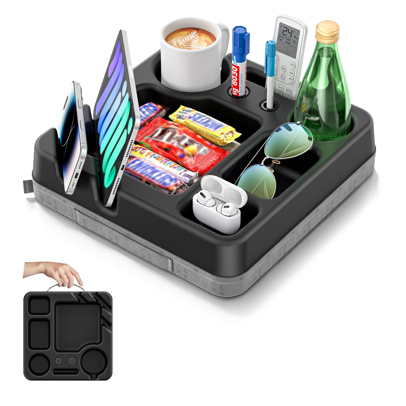 CLESOO Bandeja para sofá con portavasos mantiene la bebida estable
