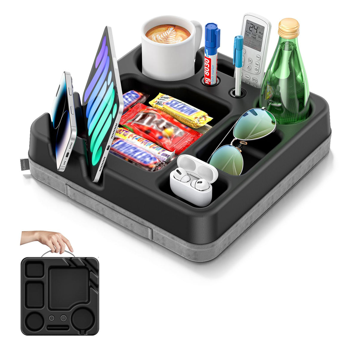CLESOO Bandeja para sofá con portavasos mantiene la bebida estable