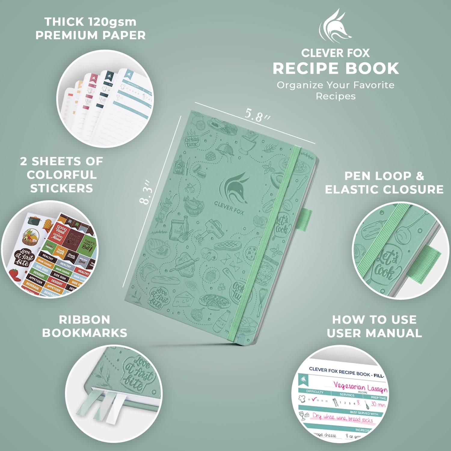 Interior de Clever Fox con índice y pestañas de colores para recetas.