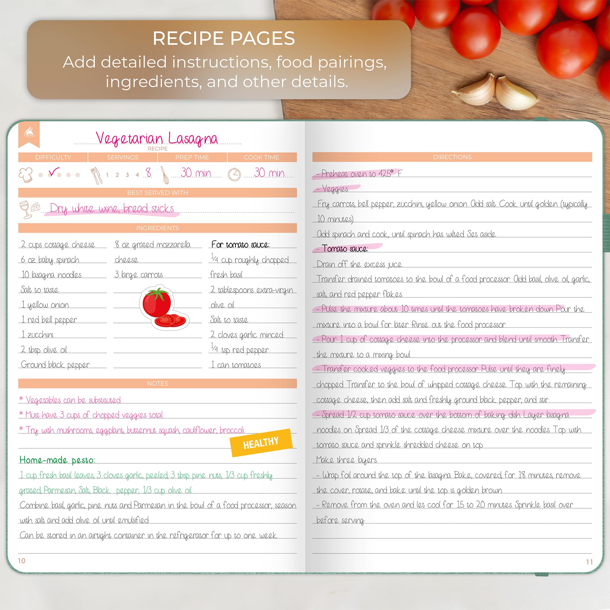 Páginas numeradas y tabla de contenidos en Clever Fox para localizar recetas rápidamente.