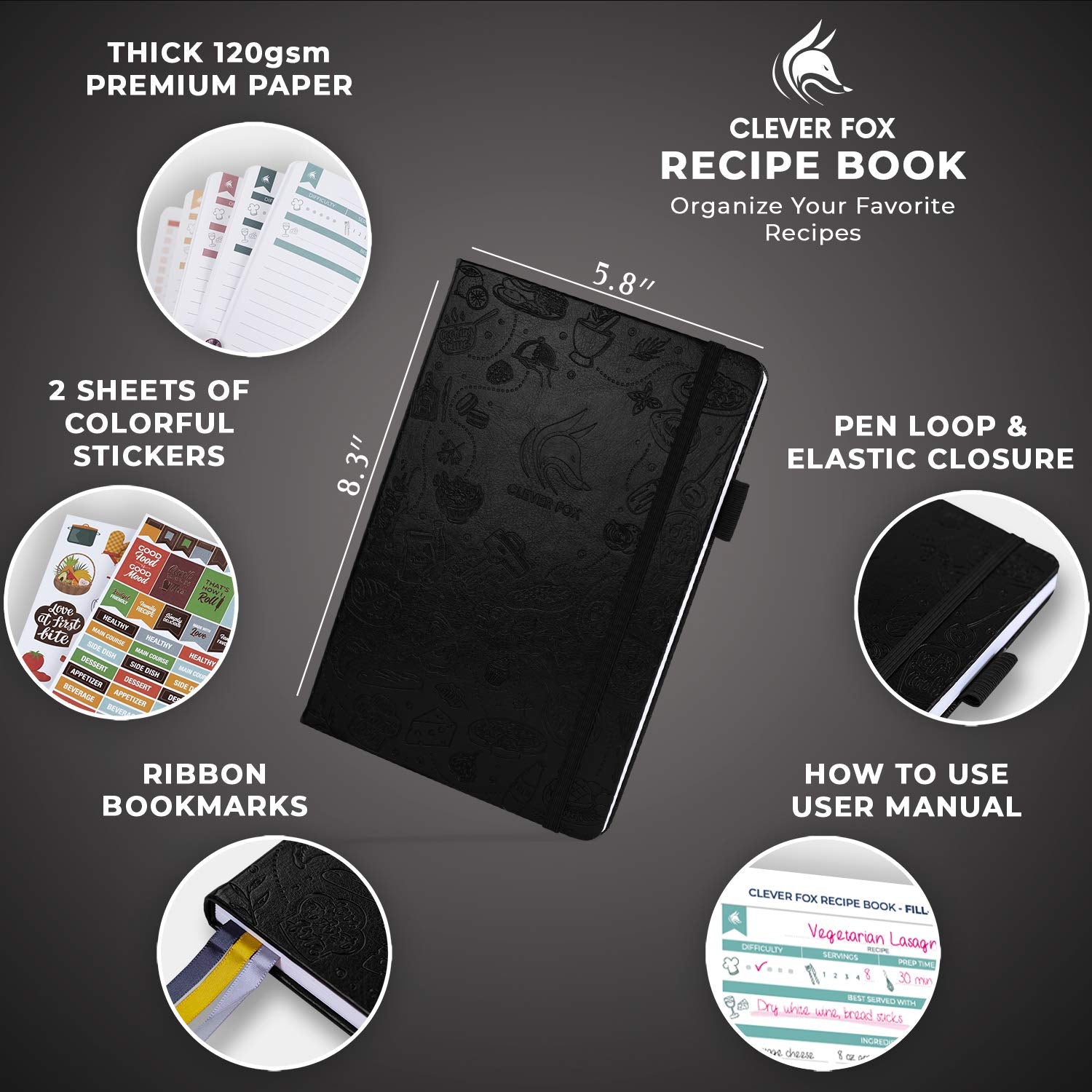 Clever Fox Recipe Book, páginas interiores para 60 recetas, organización clara