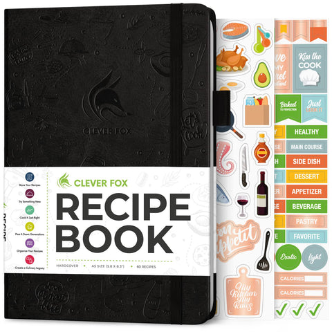 Clever Fox Recipe Book, portada en cuero ecológico negro, organización elegante para tus recetas