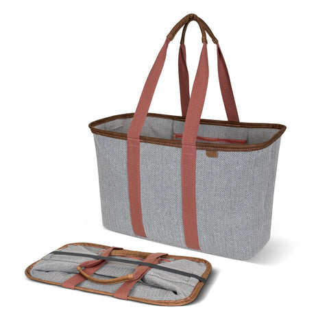 CleverMade LUXE Tote Rose Herringbone abierta, ideal para organizar compras y accesorios.