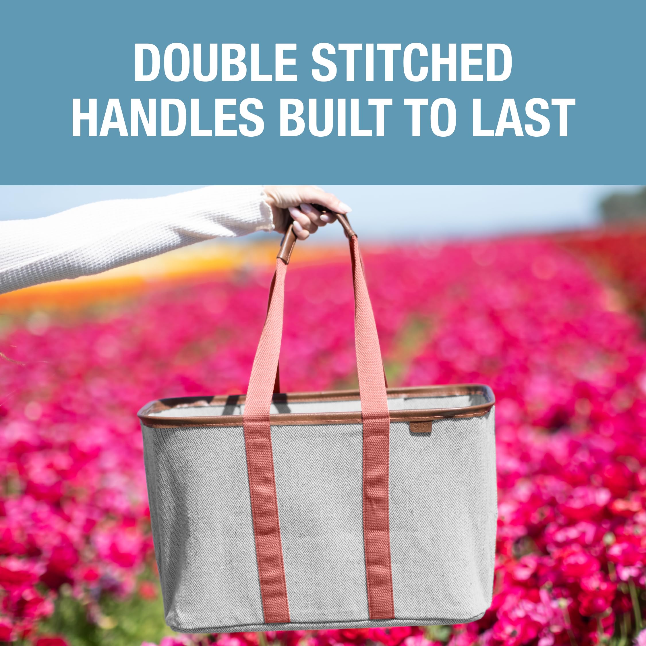 CleverMade LUXE Tote Rose Herringbone dimensiones abiertas para planificar compras.