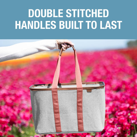 CleverMade LUXE Tote Rose Herringbone dimensiones abiertas para planificar compras.