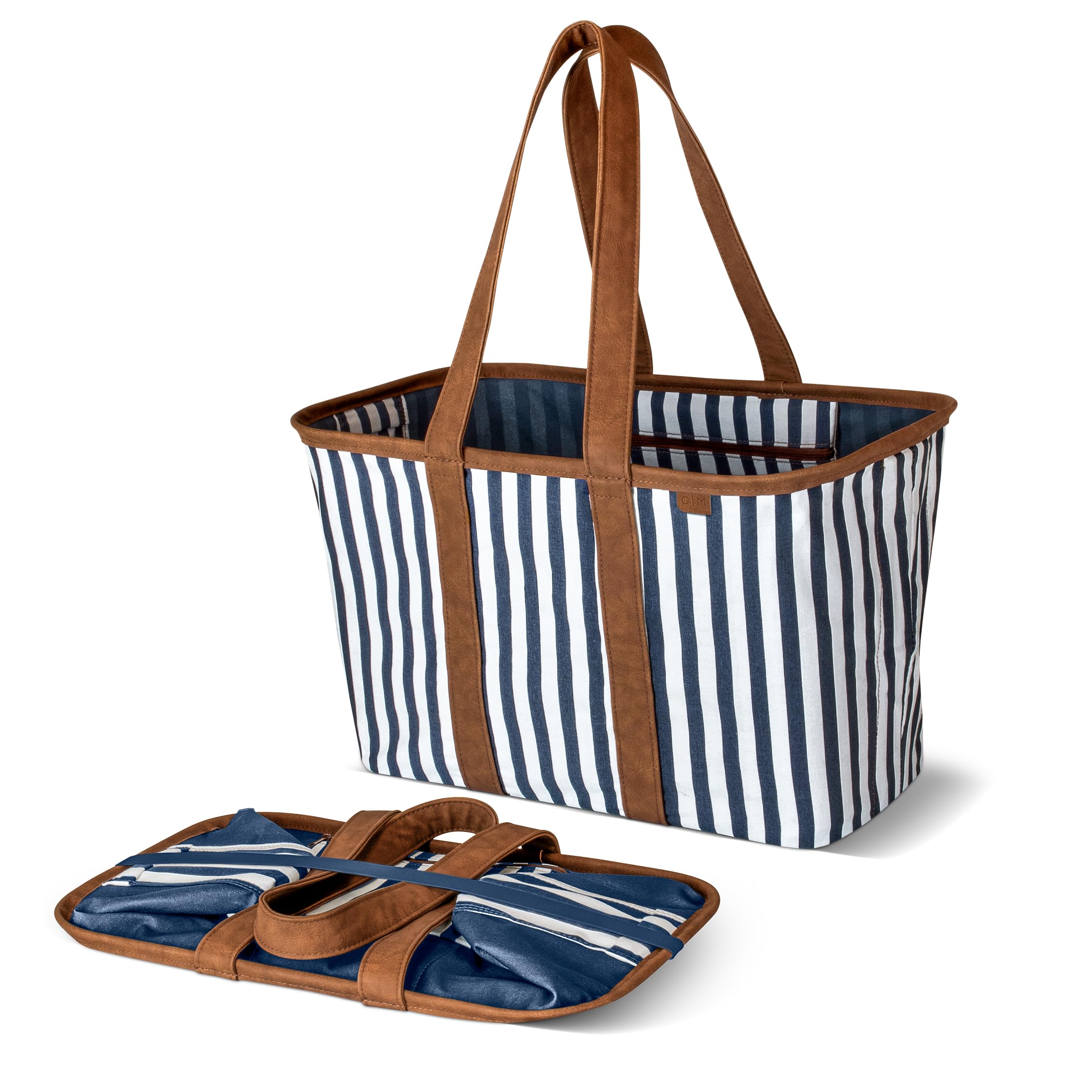 CleverMade Tote LUXE plegable con rayas navy, ideal para compras diarias.