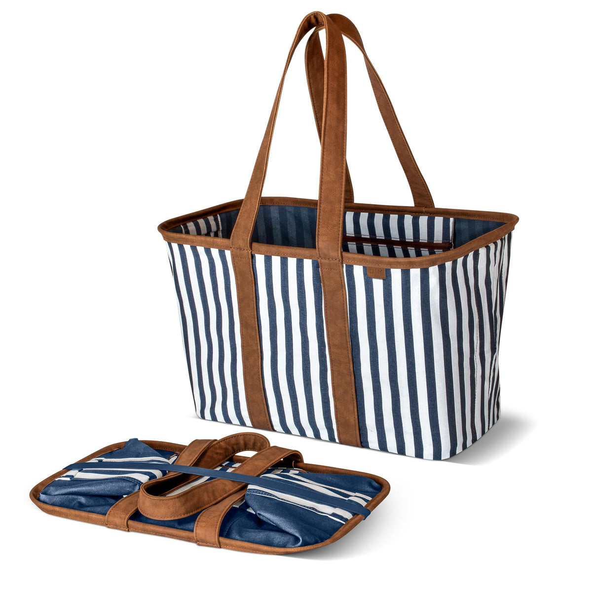 CleverMade Tote LUXE plegable con rayas navy, ideal para compras diarias.