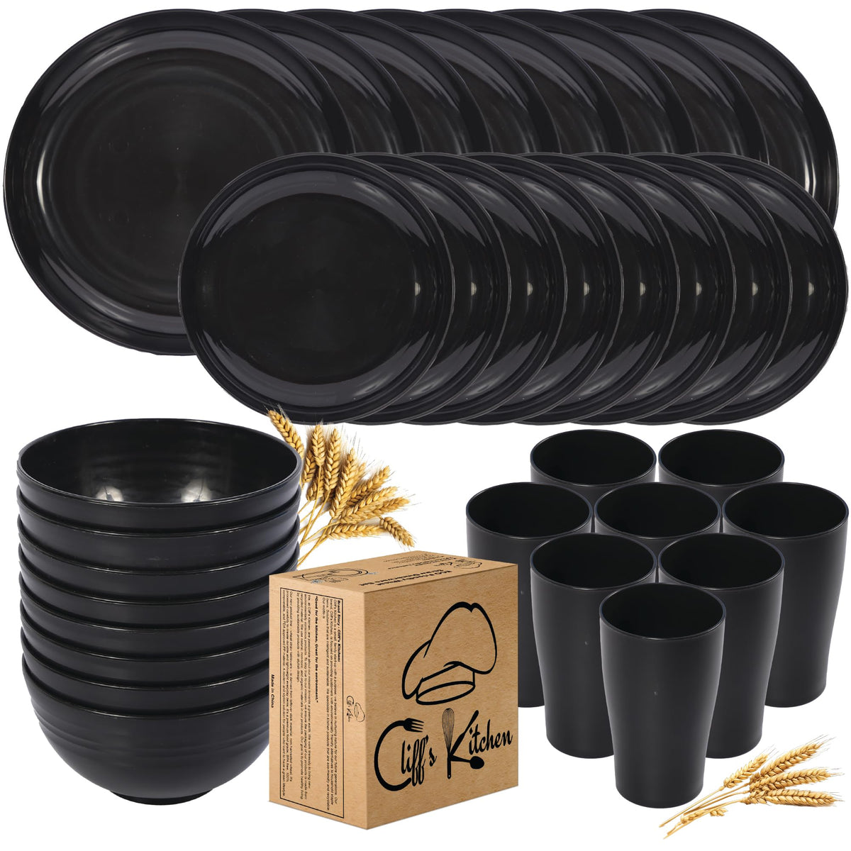 Cliffs Kitchen platos negros de trigo, resistentes y livianos, ideales para comer en casa o al aire libre.