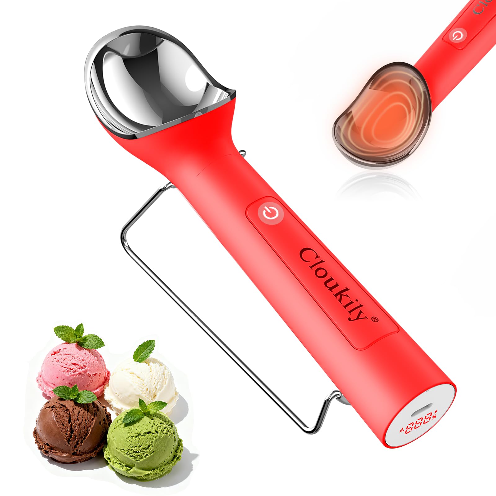 Cuchara de helado Cloukily Generación 3.0 con pantalla para porciones cremosas.