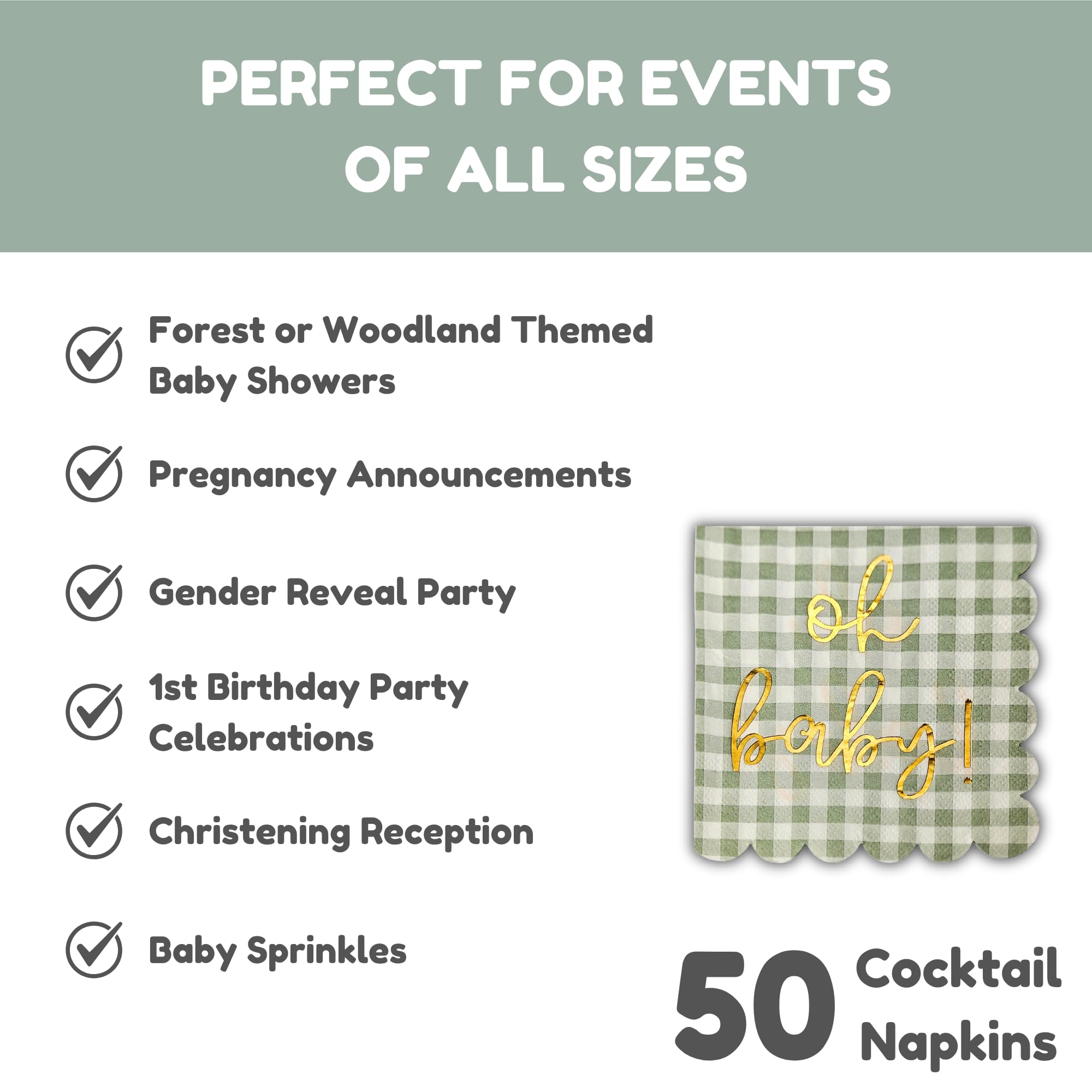 Cloverjoyed Oh Baby: detalle de brillo dorado en servilletas para un toque festivo.