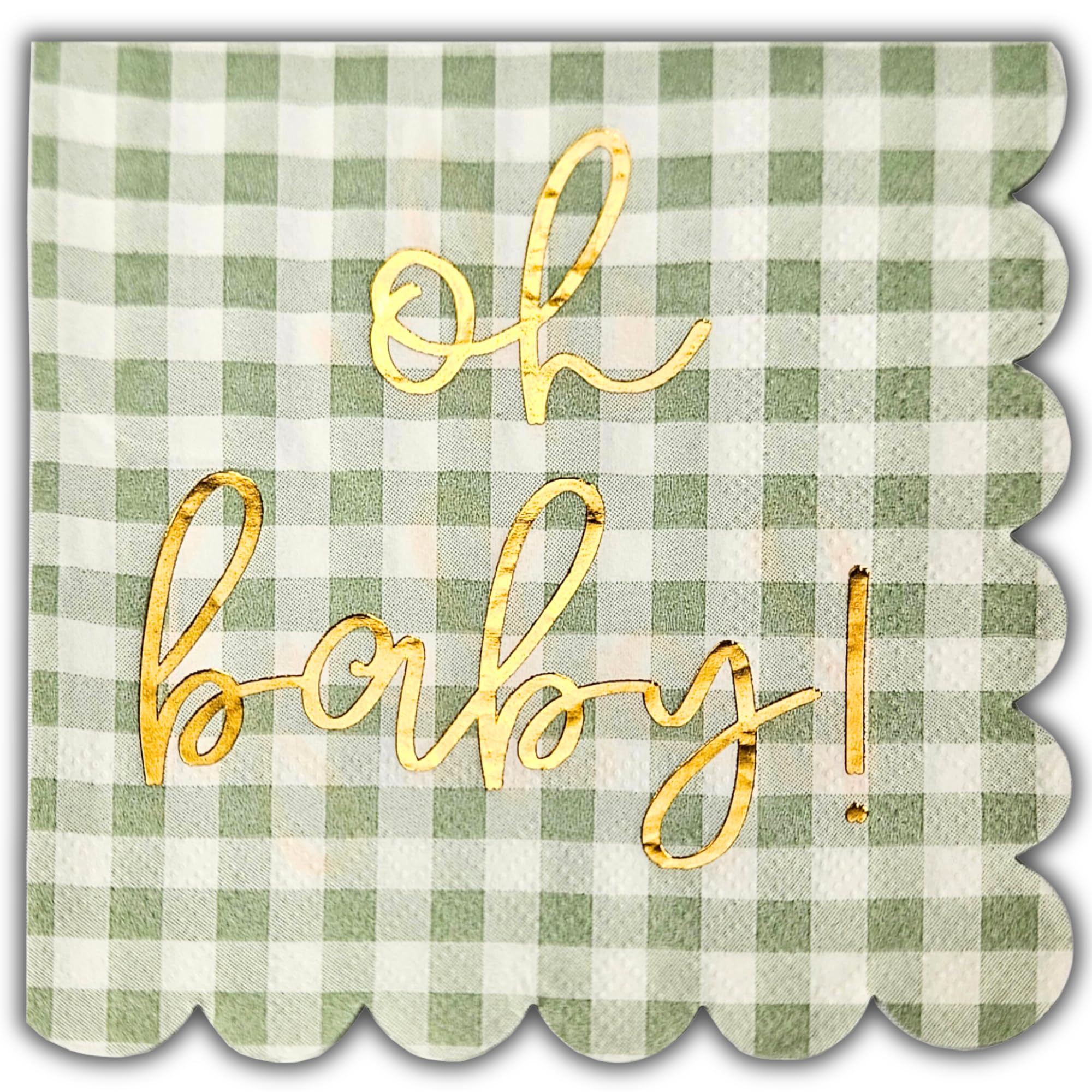 Cloverjoyed Oh Baby: servilletas a cuadros verde salvia para baby shower elegante.