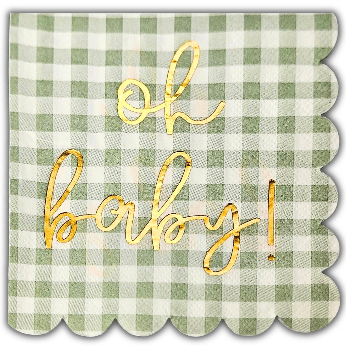 Cloverjoyed Oh Baby: servilletas a cuadros verde salvia para baby shower elegante.