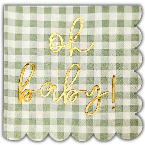 Cloverjoyed Oh Baby: servilletas a cuadros verde salvia para baby shower elegante.