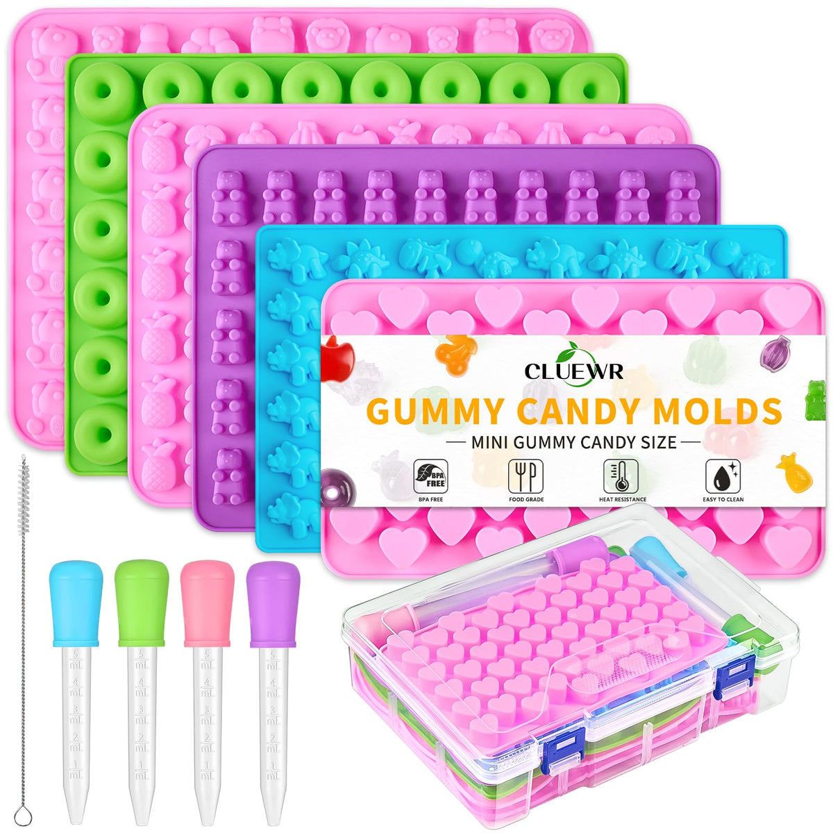 CLUEWR moldes silicona mini para gomitas con seis colores, ideales para snacks creativos