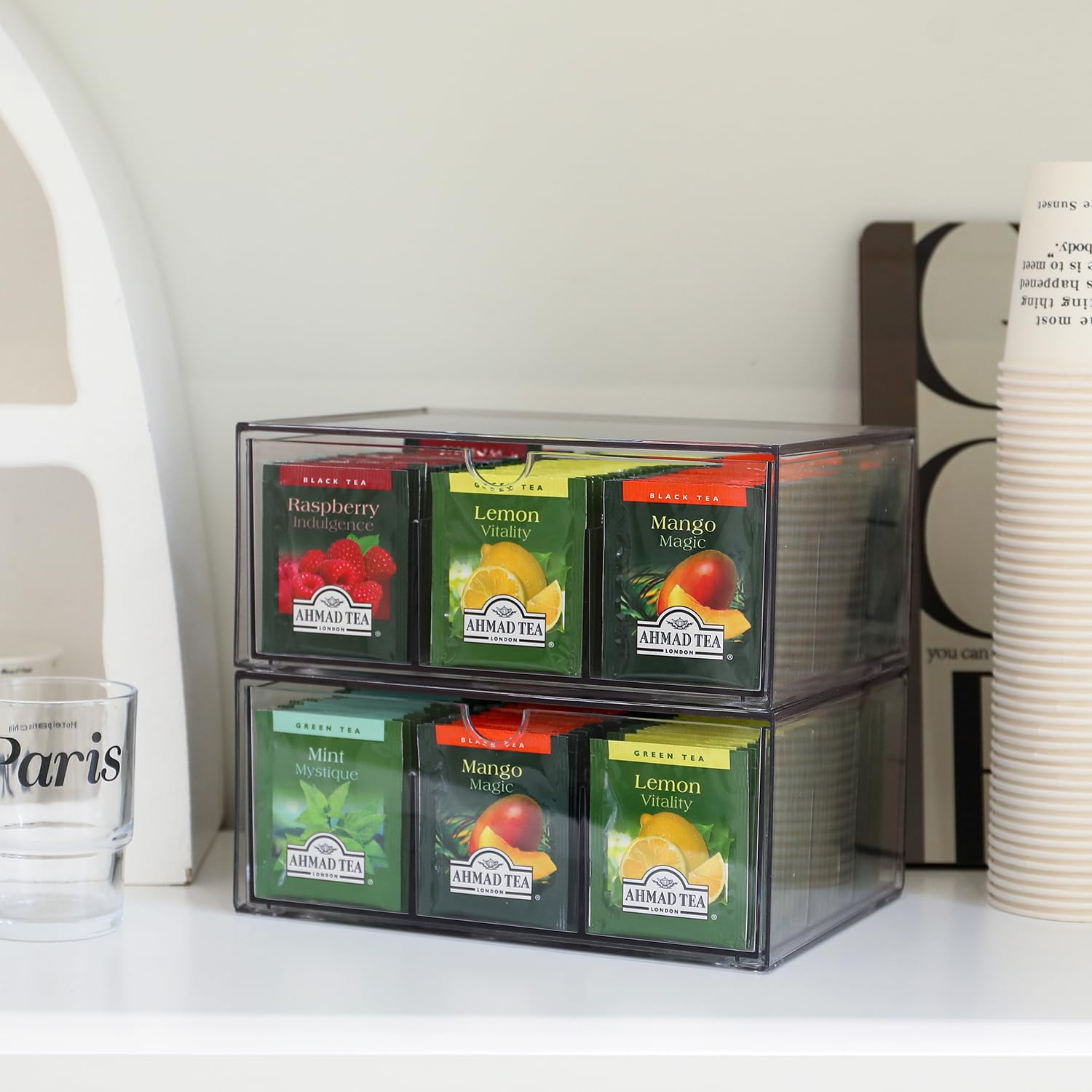 CLUQMEIK cajón deslizante de té acrílico, acceso rápido a bolsitas por sabor