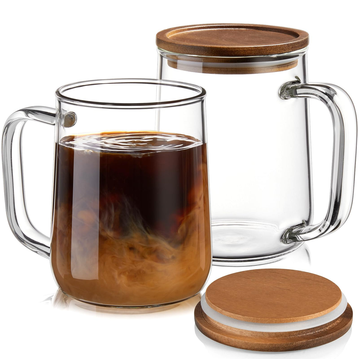 Vaso CMLKLZD de vidrio 16 oz con tapa de acacia para retener calor.