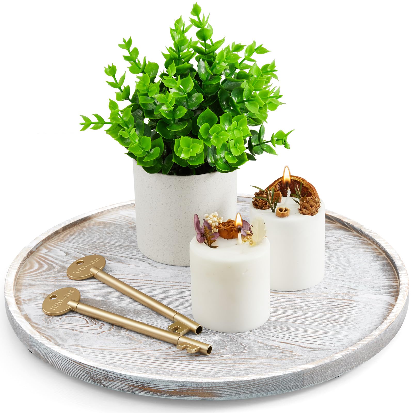Bandeja redonda de madera CMLKLZD, acabado blanqueado, ideal como centro de mesa decorativo.