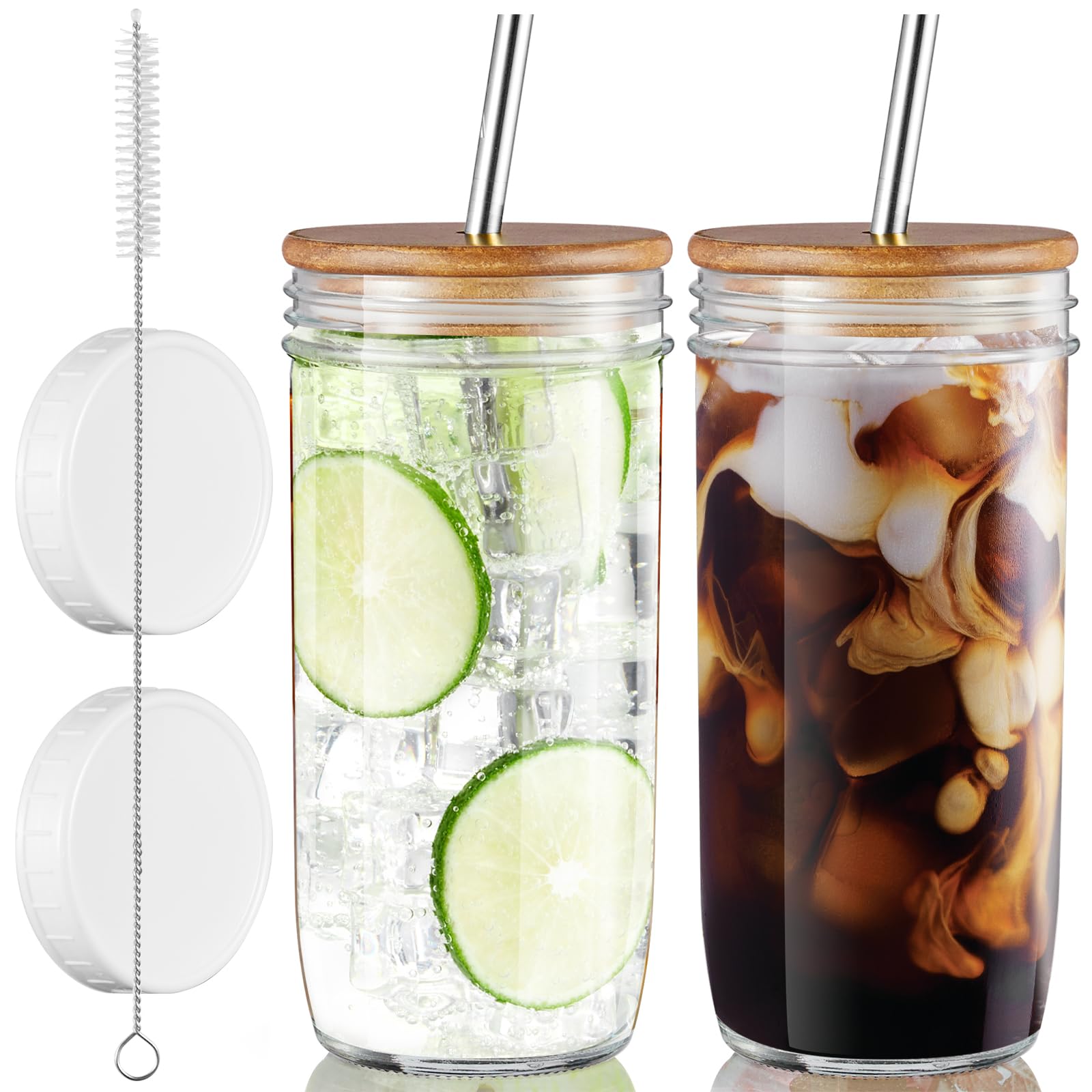 Vaso mason CMLKLZD 24 oz con tapas acacia y pajitas reutilizables, ideal para bebidas frías.
