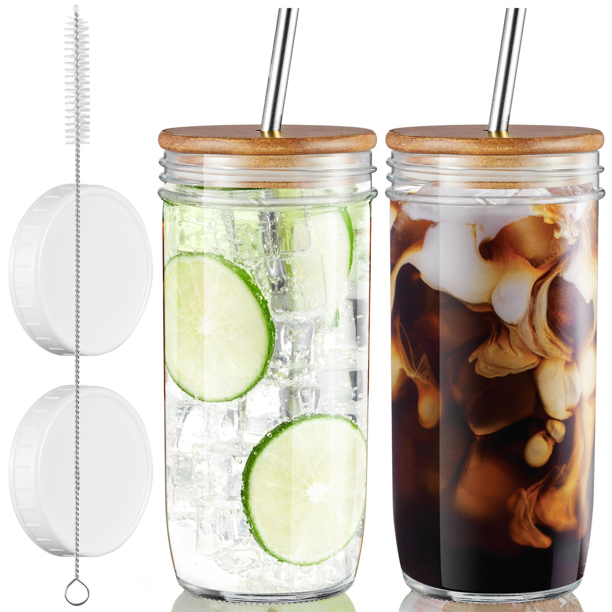 Vaso mason CMLKLZD 24 oz con tapas acacia y pajitas reutilizables, ideal para bebidas frías.