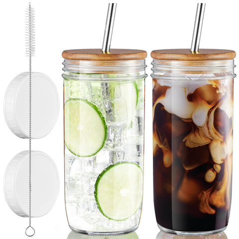 Vaso mason CMLKLZD 24 oz con tapas acacia y pajitas reutilizables, ideal para bebidas frías.