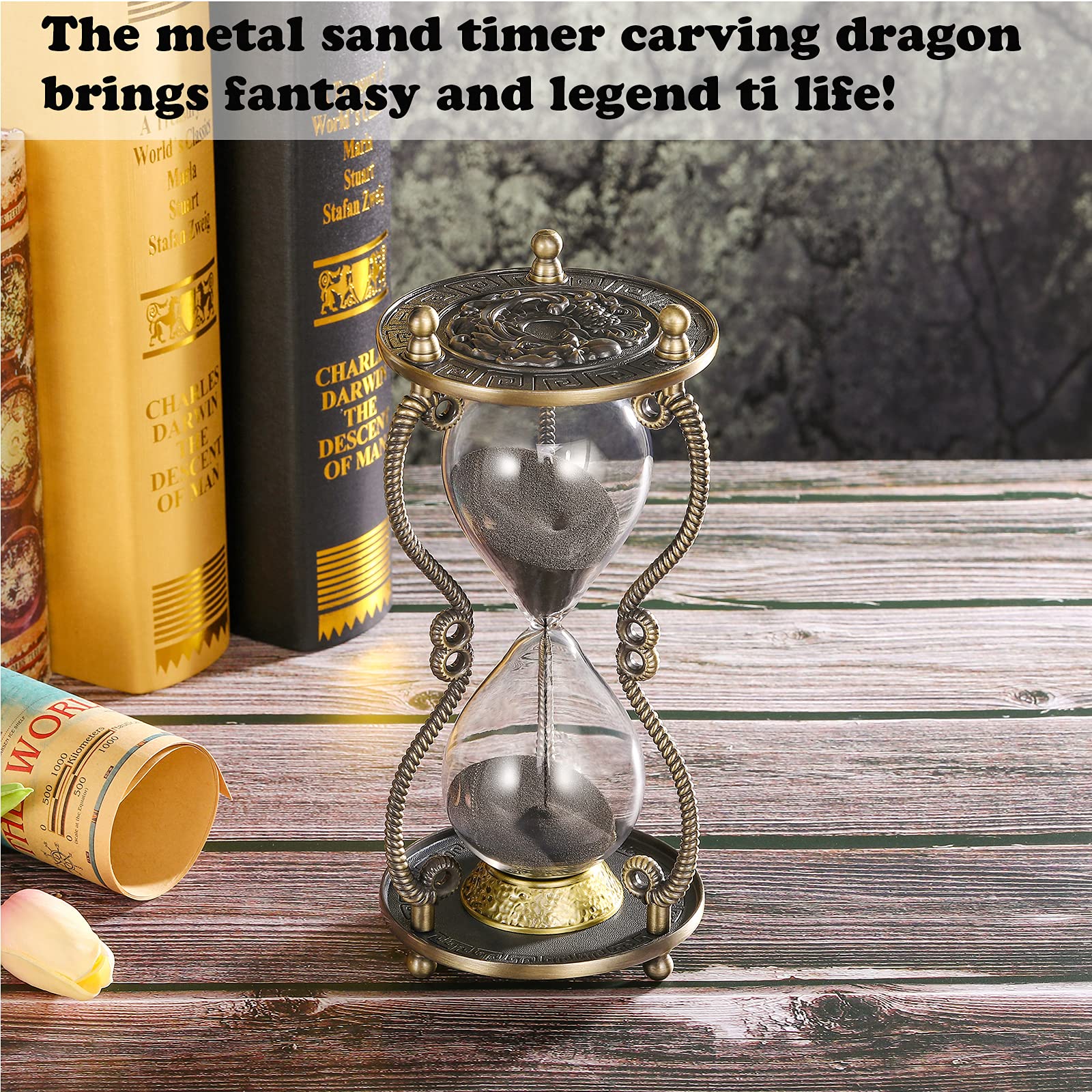 CNCJ reloj de arena bronce dragón medieval, pieza decorativa para ambiente gótico.