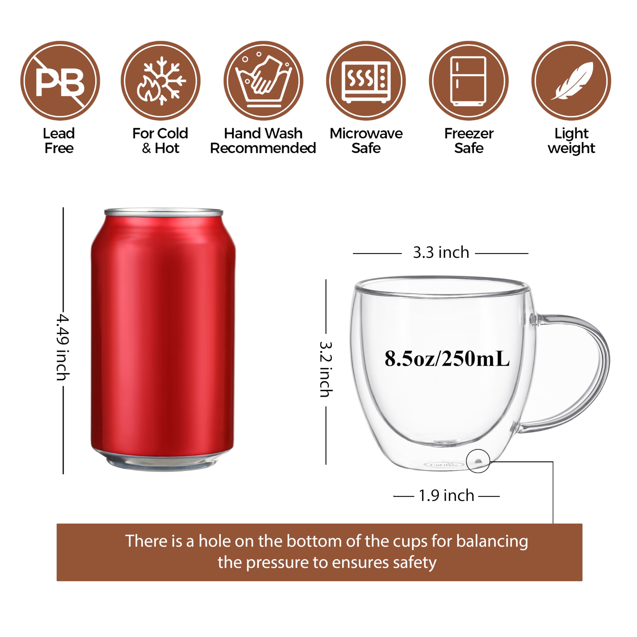 CNGLASS taza latte-espresso de vidrio doble pared, mantiene caliente sin quemar.