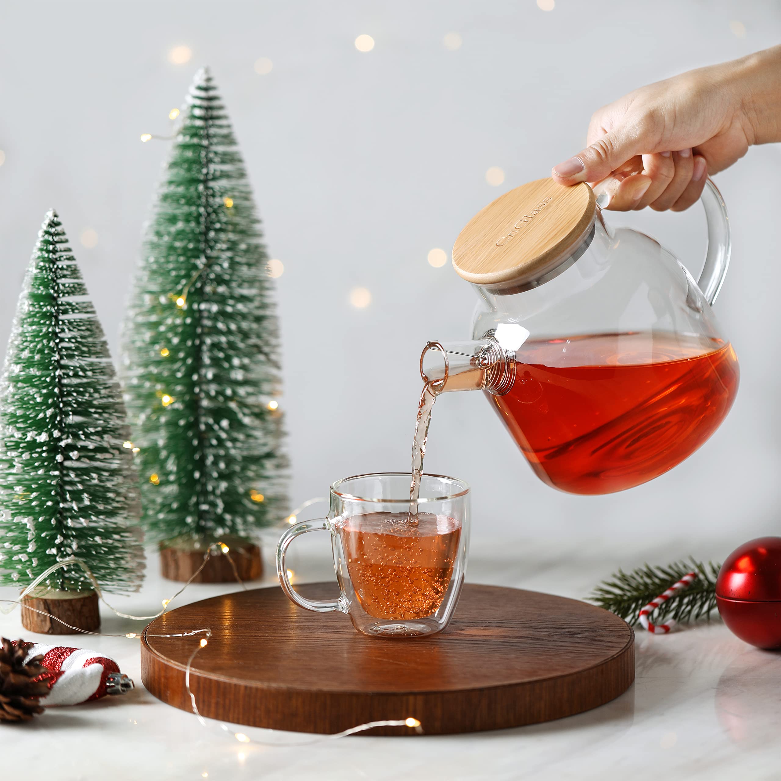 CNGLASS tetera cristal tapa de bambú con sello hermético