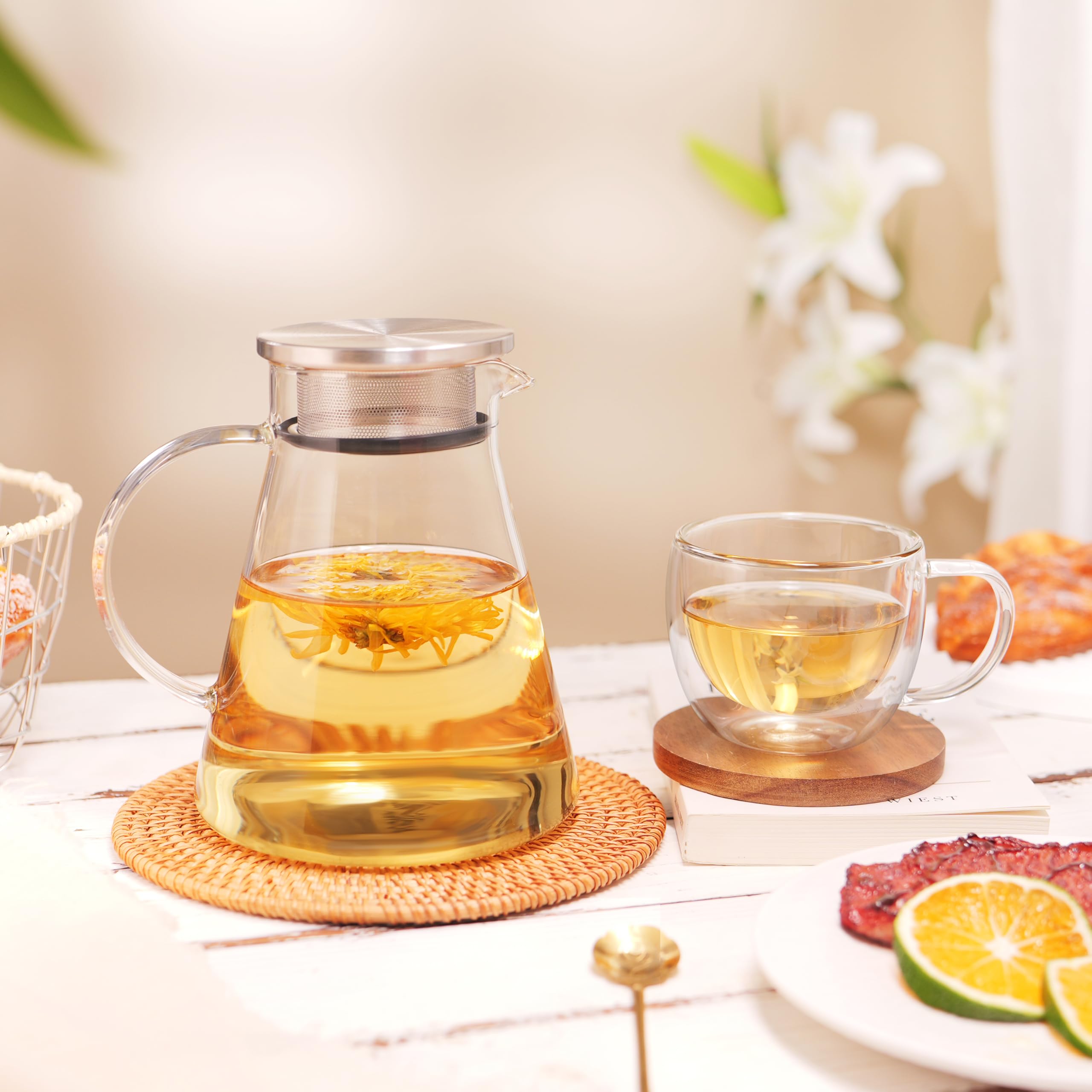 CNGLASS Tetera de vidrio 1200 ml, filtro integrado para infusiones limpias.
