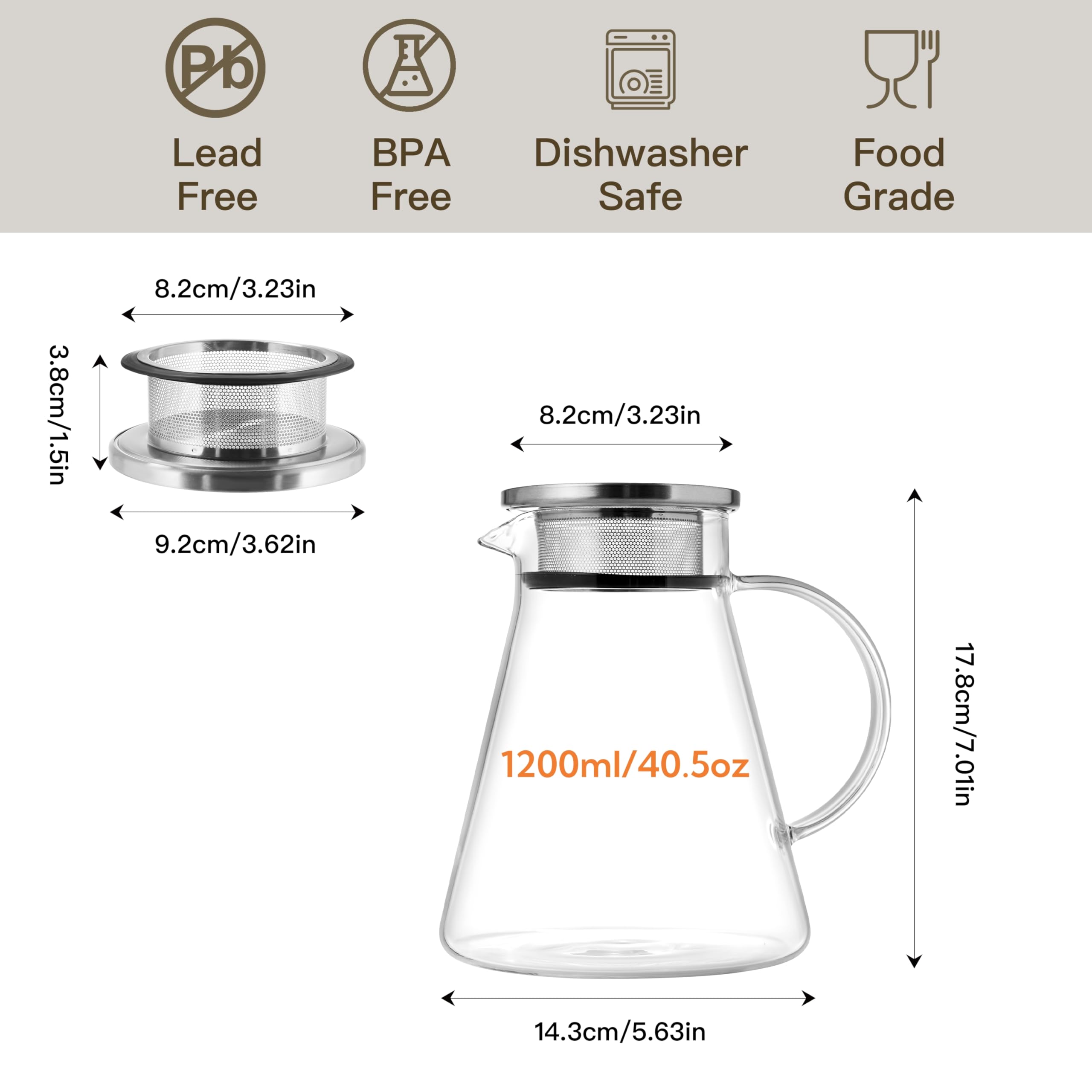 CNGLASS Tetera de vidrio 1200 ml, vista lateral, se aprecia el color de la infusión.