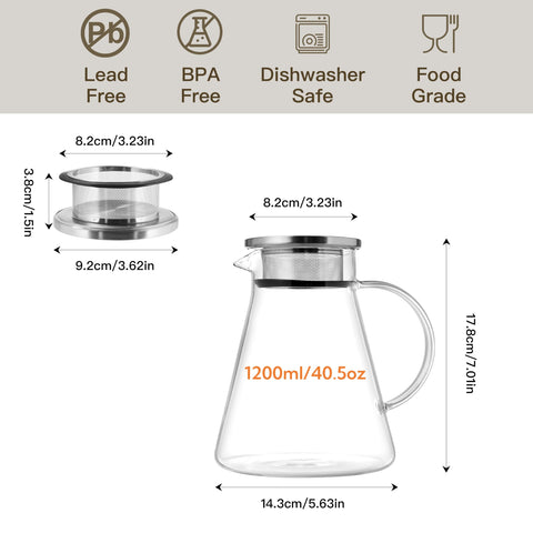 CNGLASS Tetera de vidrio 1200 ml, vista lateral, se aprecia el color de la infusión.